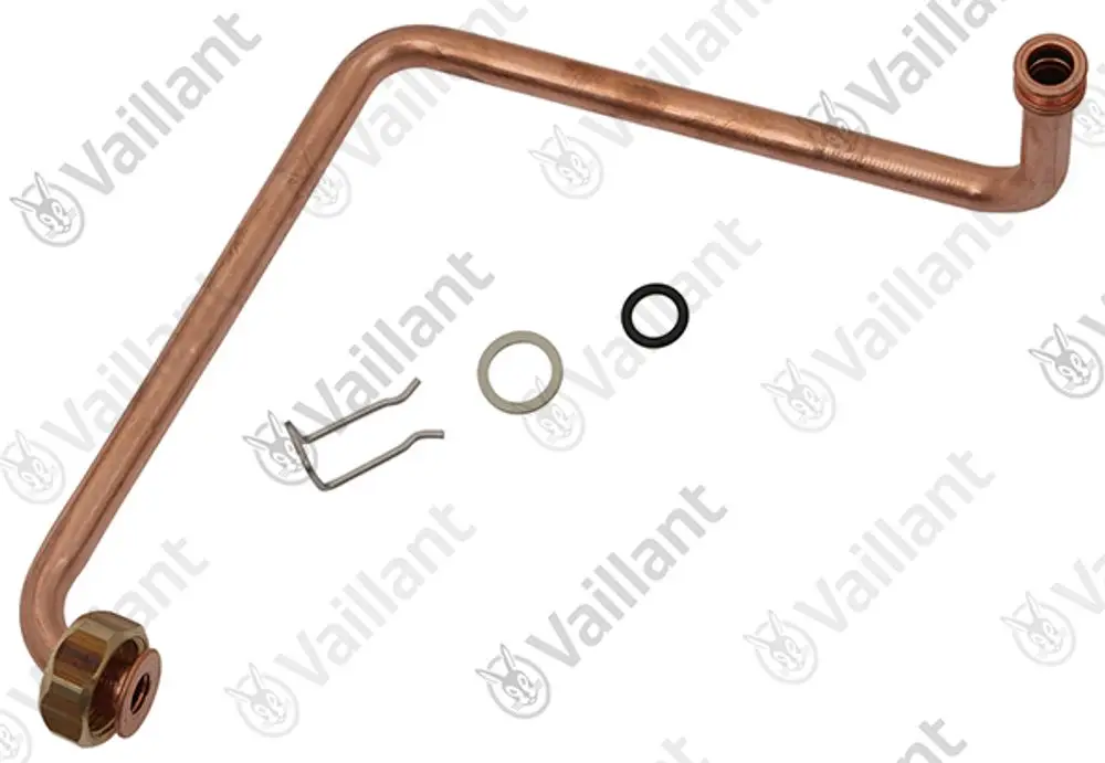 Vaillant Rohr mit gebogenem Kupferrohr, einem Flansch, zwei Dichtungen und einem Halterungsclip, geeignet für Heizungsanwendungen.